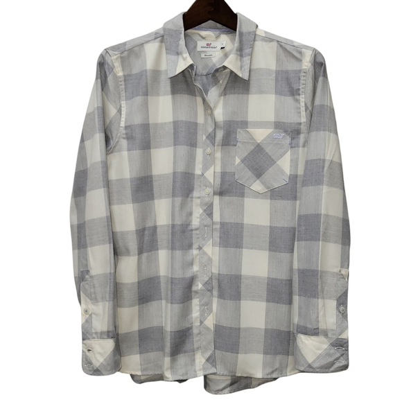 Vineyard Vines Soft Flannel Grey Plaid Button-Up Relaxed Fit Shirt Size 10 Women - Picture 1 of 8